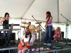 Lipstick Conspiracy.  Soundcheck, somewhere in the Tower District, Fresno, CA. Tori, Sarafina, Steve Levy, Shawna and Marilyn.